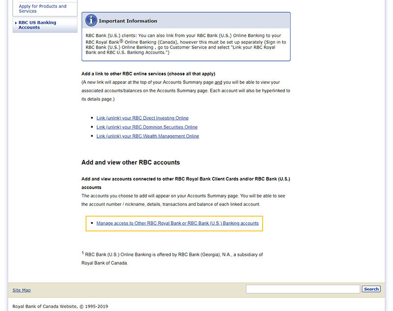 Near the bottom of the page, click Manage Access to Other RBC Royal Bank or RBC Bank (U.S.) Banking accounts